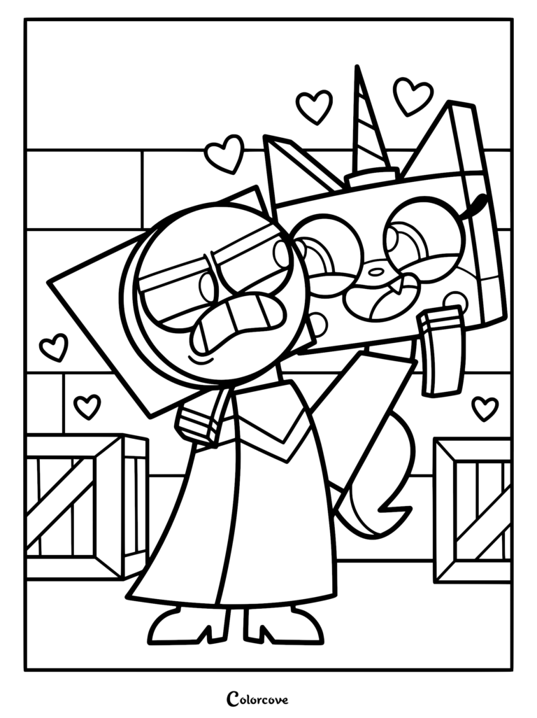 Unikitty happily hugging an annoyed Master Frown surrounded by hearts in this printable coloring page line art.