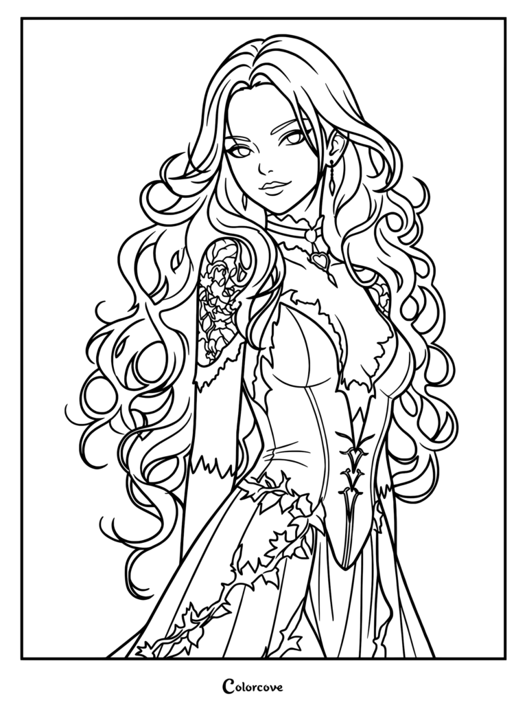 A beautiful vampire queen with long wavy hair and a lace-detailed gown in this intricate coloring page.