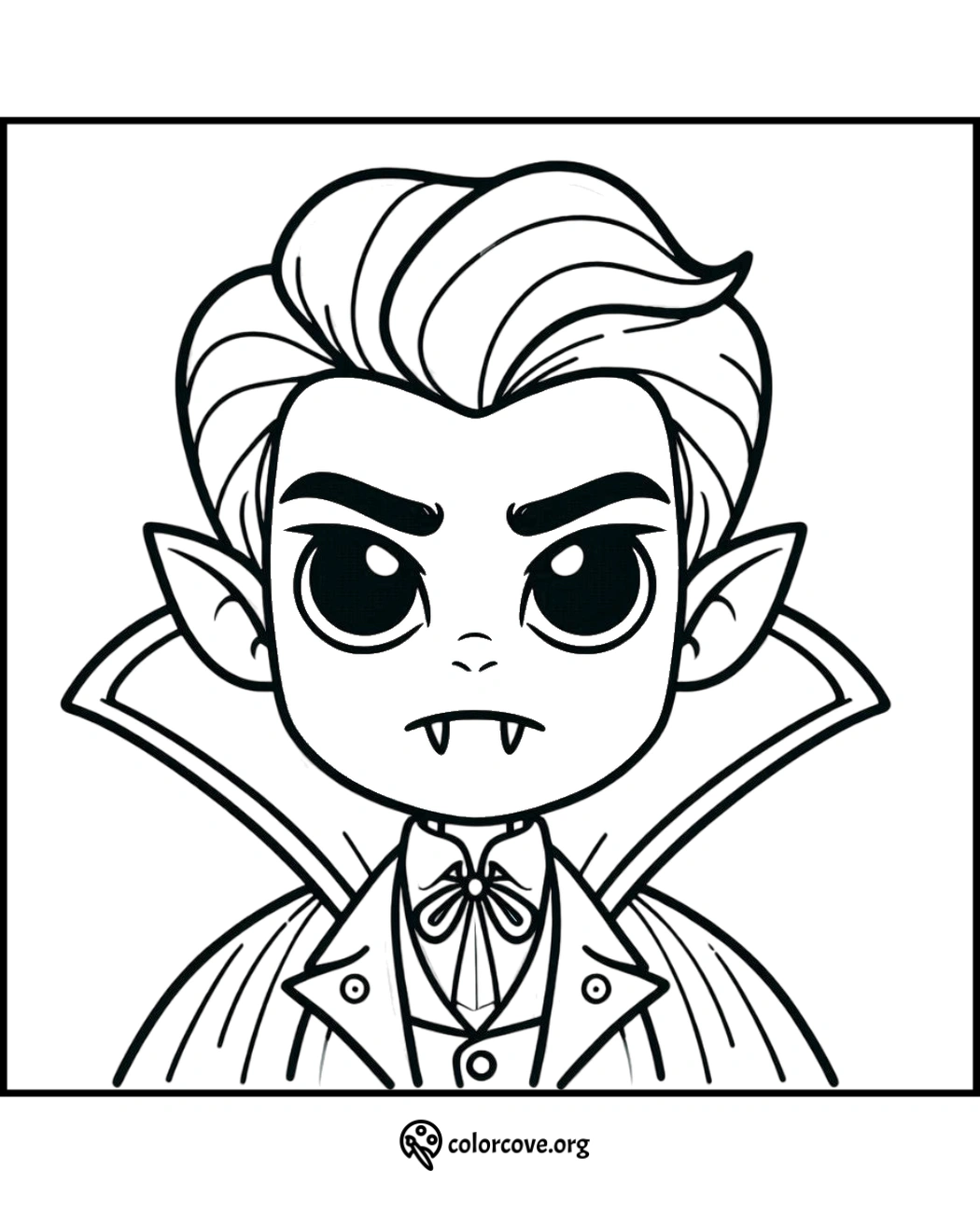 Coloring page of a cute cartoon vampire with fangs and a caped outfit, ready to be colored in.