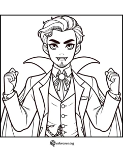 Coloring page of an anime-style vampire with fangs, wearing a suit and cape, ready to be filled with vibrant colors.