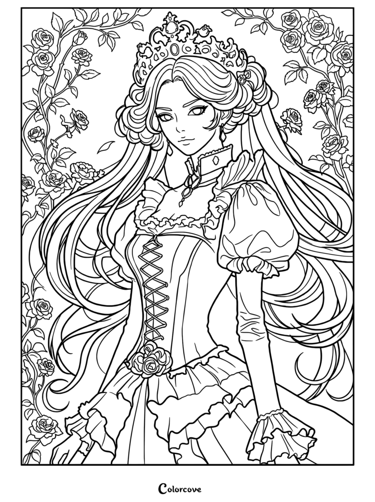 A detailed coloring page featuring a beautiful vampire queen wearing an ornate crown and Victorian lace dress standing amidst blooming rose vines.