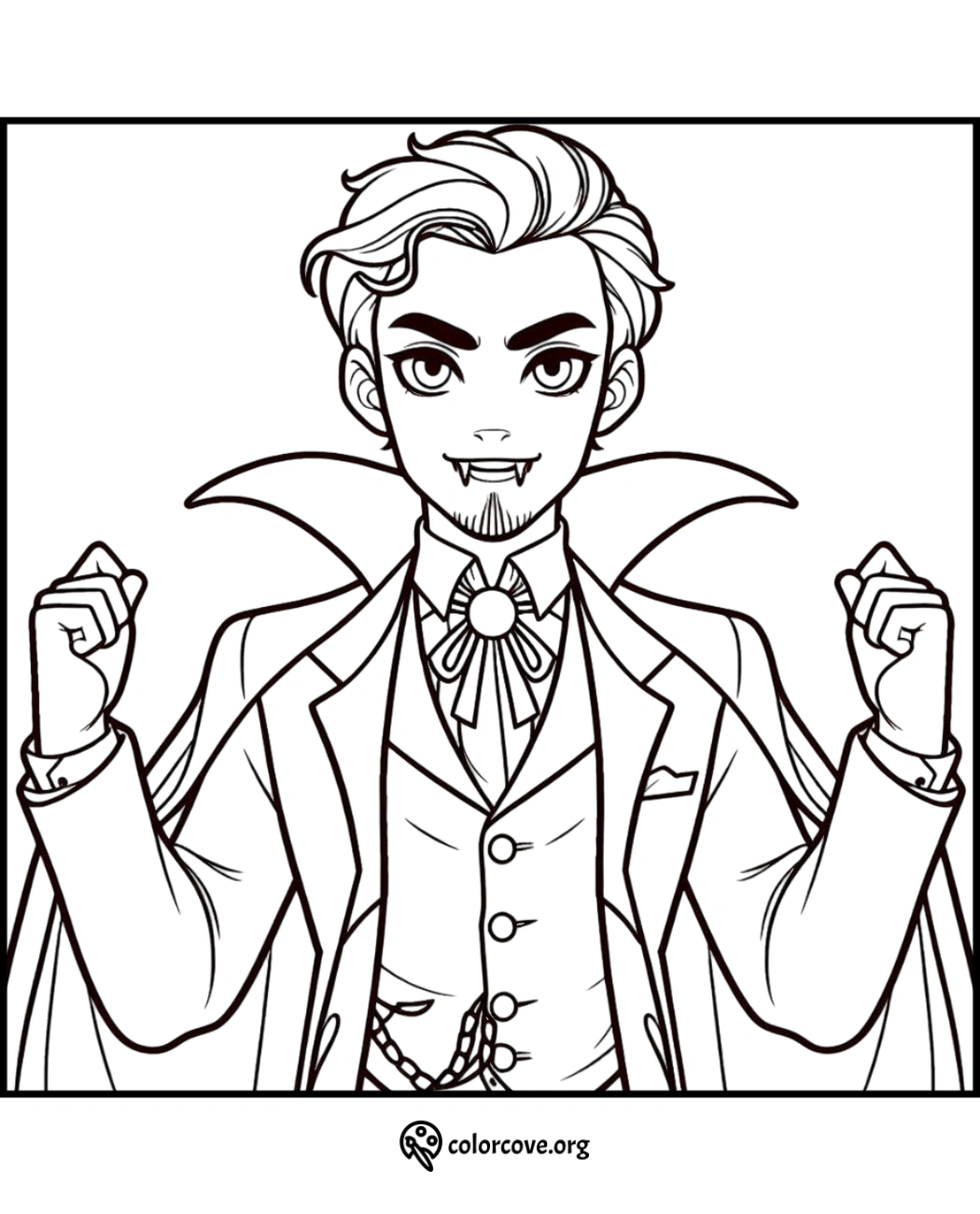 Coloring page of an anime-style vampire with fangs, wearing a suit and cape, ready to be filled with vibrant colors.