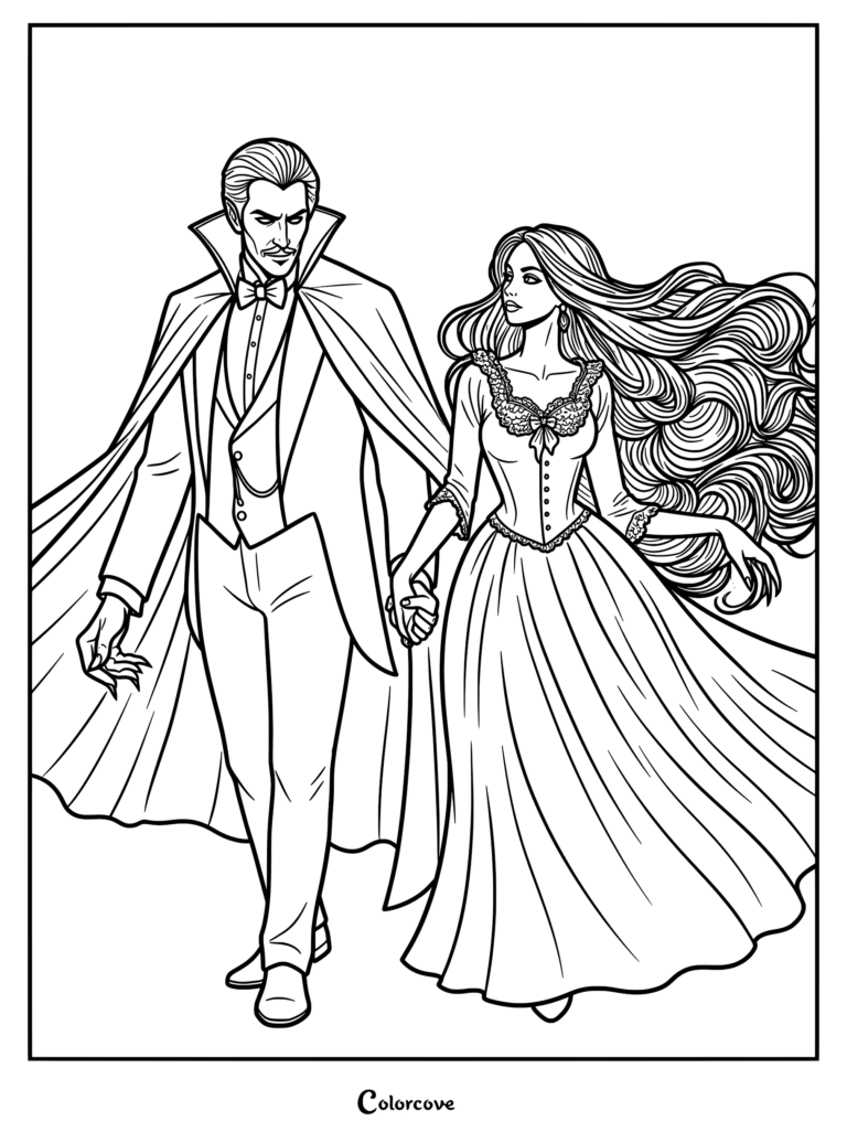 Count Dracula in a formal tuxedo and cape walking hand in hand with his elegant bride who has long flowing hair.