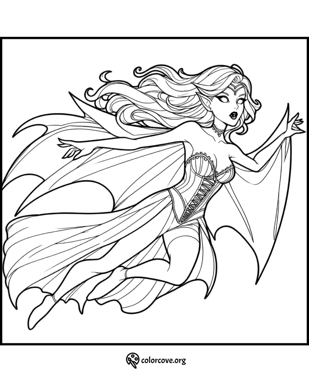 Coloring page of a flying fairy with bat-like wings, flowing hair, and a detailed outfit, perfect for kids and adults to color.