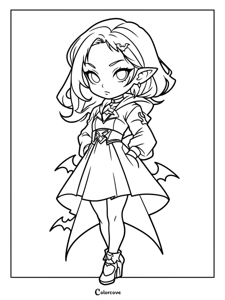 Chibi vampire girl with bat hair clip and high-low dress coloring page