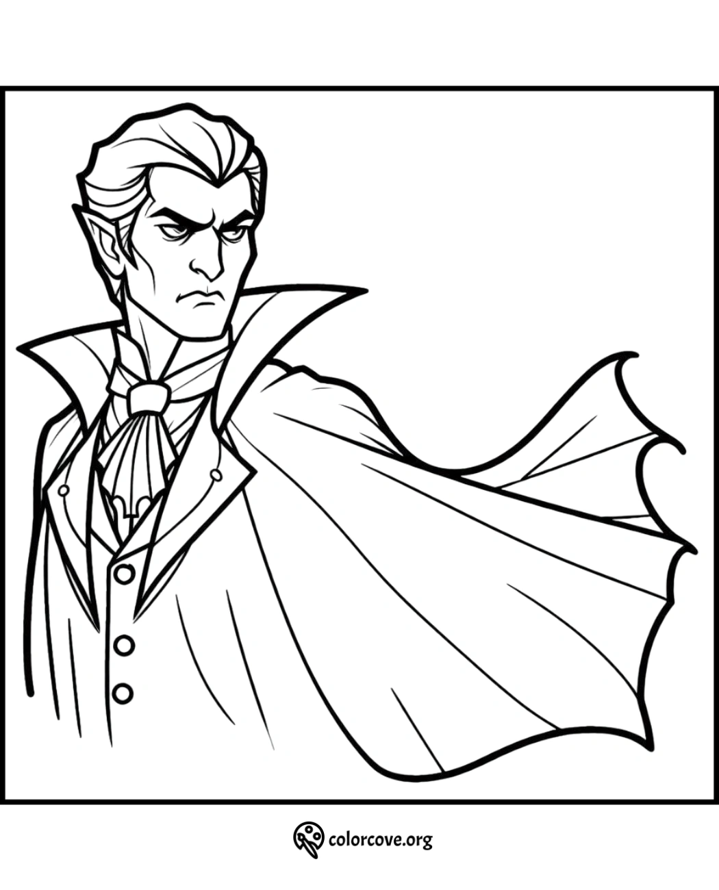 Coloring page of a stern vampire with a high-collared cape, from colorcove.org. Perfect for Halloween activities.