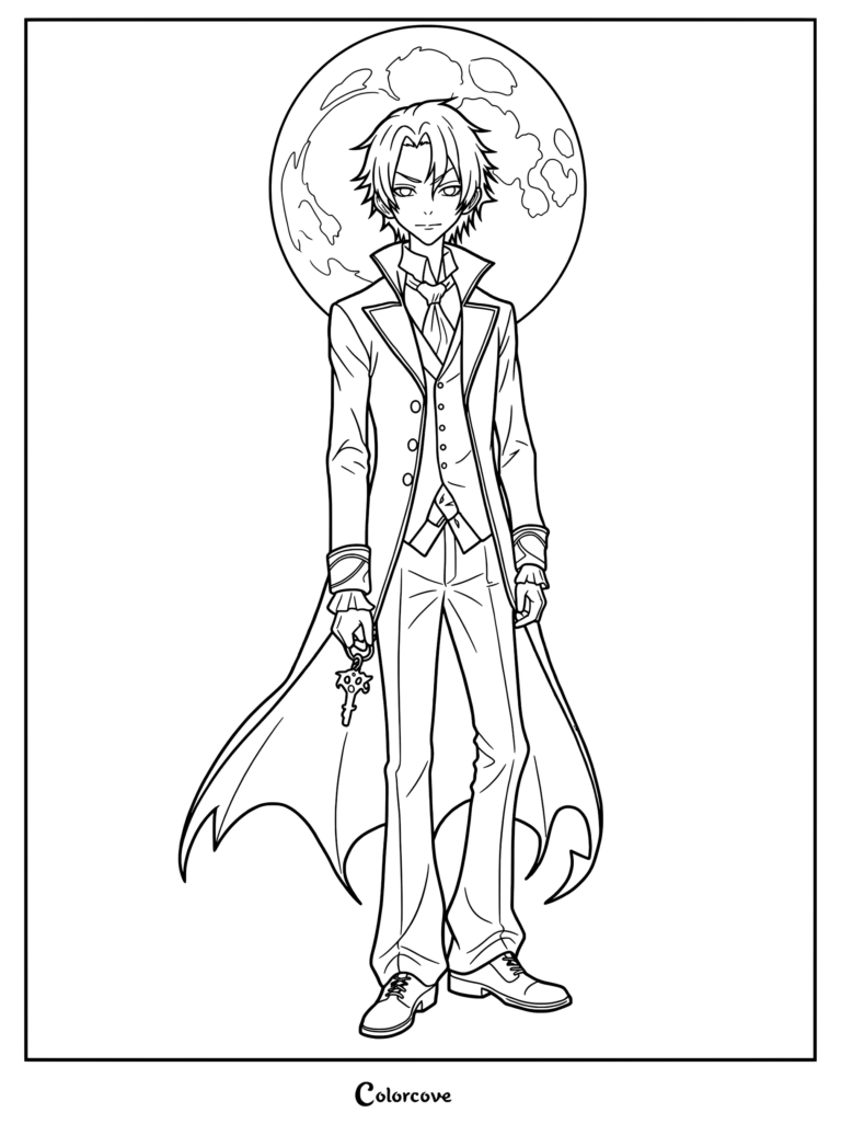 Kaname Kuran from Vampire Knight standing in a formal suit holding a key with a full moon background in this printable coloring page.