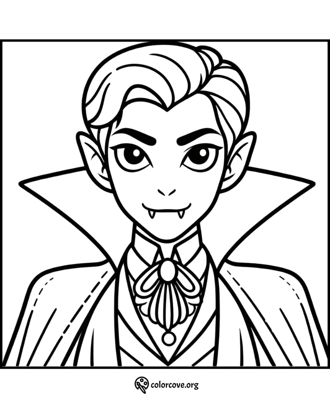 Vampire coloring page with detailed lines, featuring a classic vampire cape and fangs. Perfect for Halloween activities.