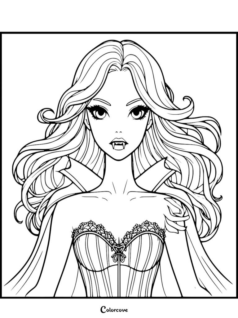 Portrait of a beautiful female vampire with sharp fangs.