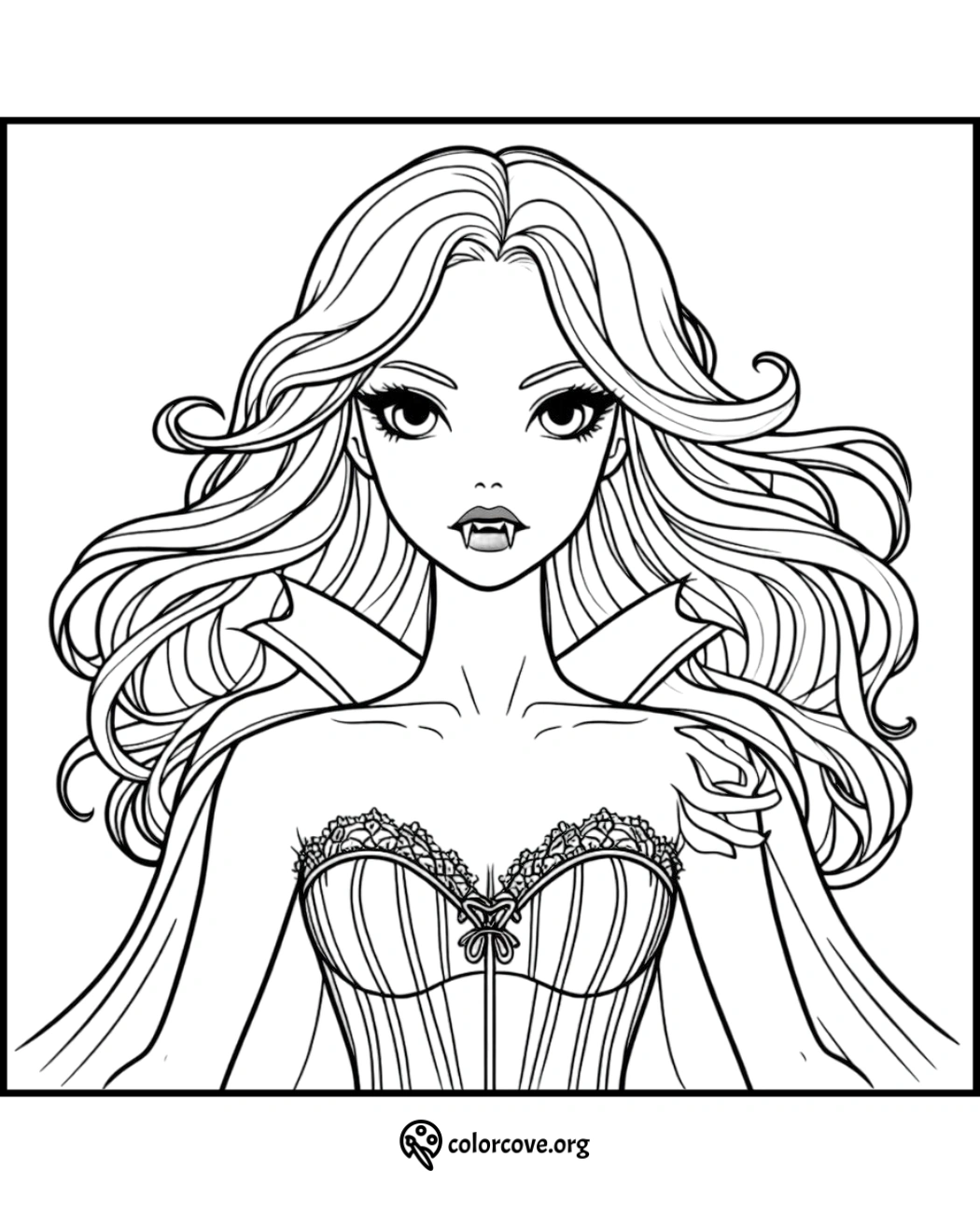 Coloring page of a stylish female vampire with long hair, fangs, and a detailed corset. Ideal for Halloween-themed coloring.