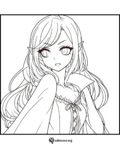 Anime vampire girl coloring page with long hair and fangs, perfect for kids and adults to color.