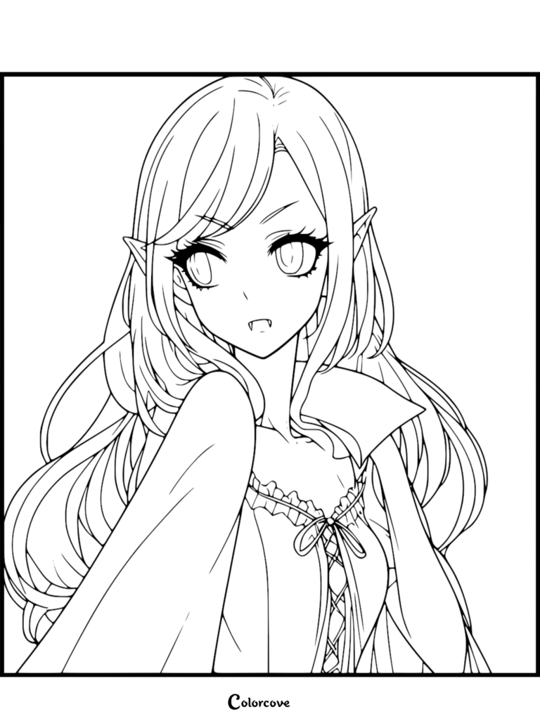 Anime style vampire girl with long hair and pointed ears in a detailed coloring page