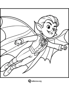 Coloring page of a happy vampire in flight with a cape, fangs, and bat-like features. Fun Halloween coloring for kids.