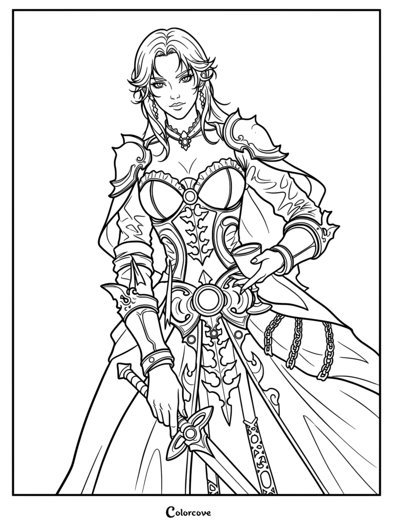 A beautiful vampire queen in ornate armor holding a sword and goblet in this detailed coloring page.