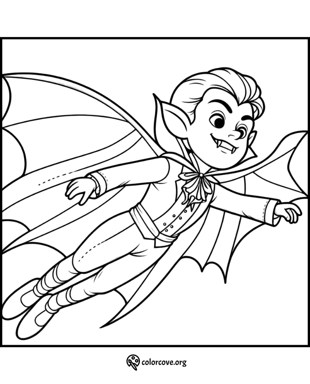 Coloring page of a happy vampire in flight with a cape, fangs, and bat-like features. Fun Halloween coloring for kids.