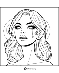 Vampire girl coloring page featuring an elf with fangs and long hair from ColorCove.org. Printable fantasy art for kids and adults.