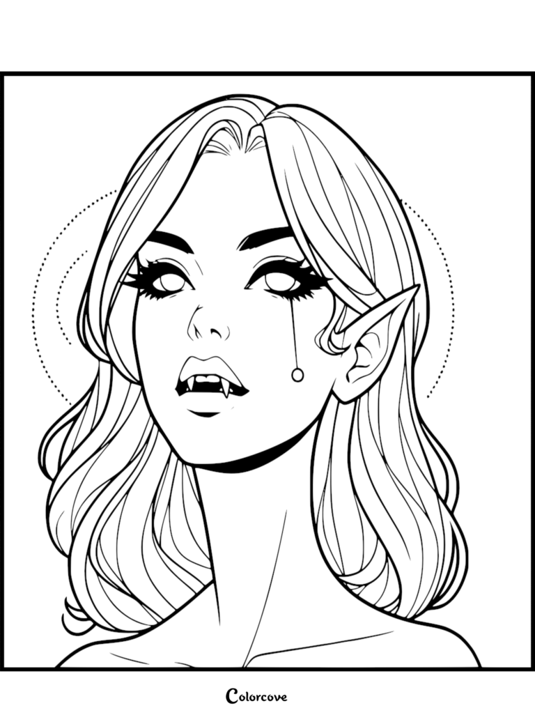 Portrait of a female vampire with fangs and pointed ears.