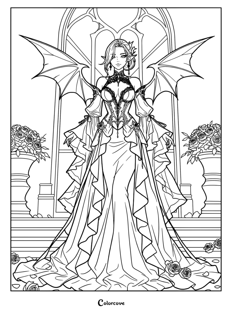 Vampire queen in a flowing gown standing near rose vases.