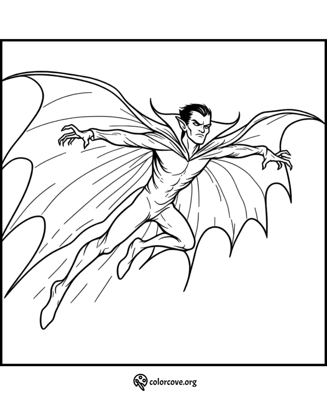 Flying vampire coloring page for kids, featuring a winged creature in dynamic flight. Perfect Halloween fun at colorcove.org.