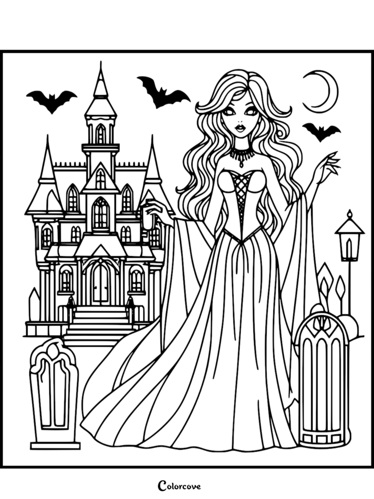 A printable vampire coloring page featuring a gothic woman in a long gown standing in front of a spooky castle with bats and tombstones.