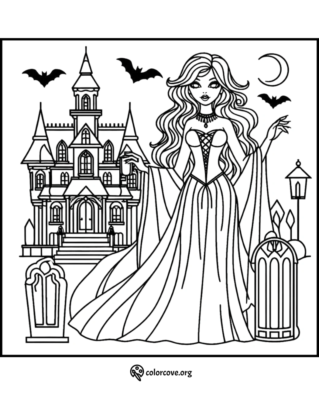 Coloring page featuring a gothic princess with flowing dress, in front of a haunted mansion with bats and crescent moon.