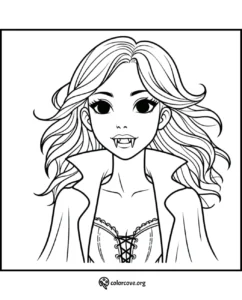 Coloring page of a female vampire with long hair, fangs, and a detailed corset, perfect for Halloween-themed activities.