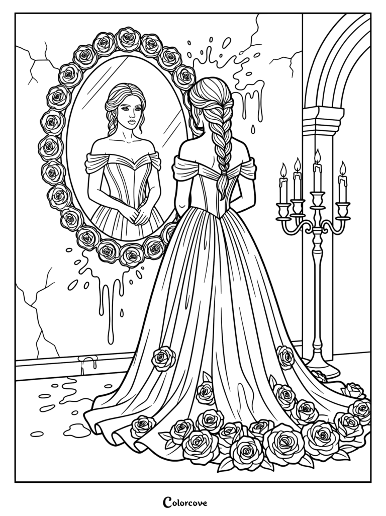 Vampire bride in a rose-adorned gown looking into a matching rose mirror, coloring page style line art with melting wax and candles.