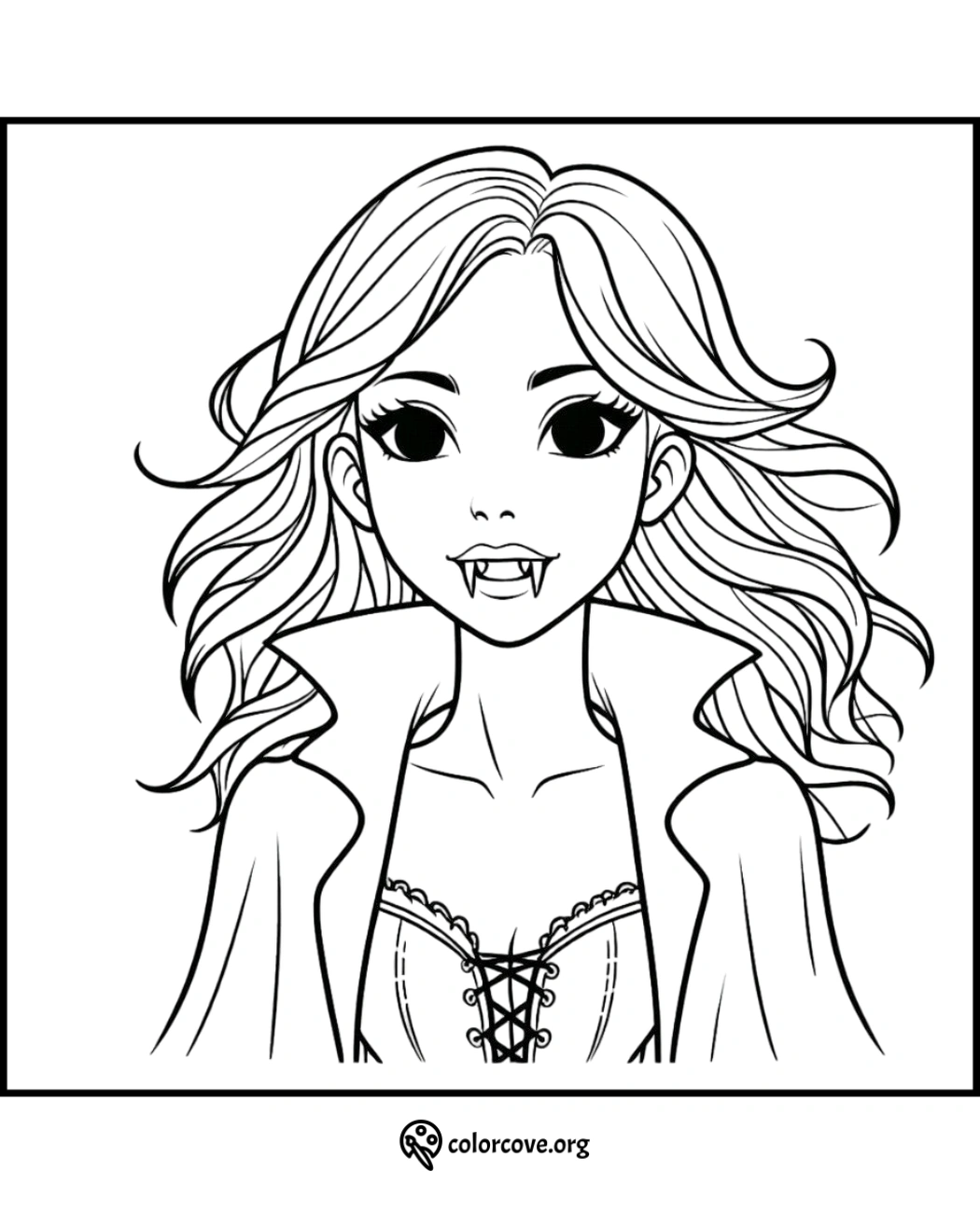 Coloring page of a female vampire with long hair, fangs, and a detailed corset, perfect for Halloween-themed activities.