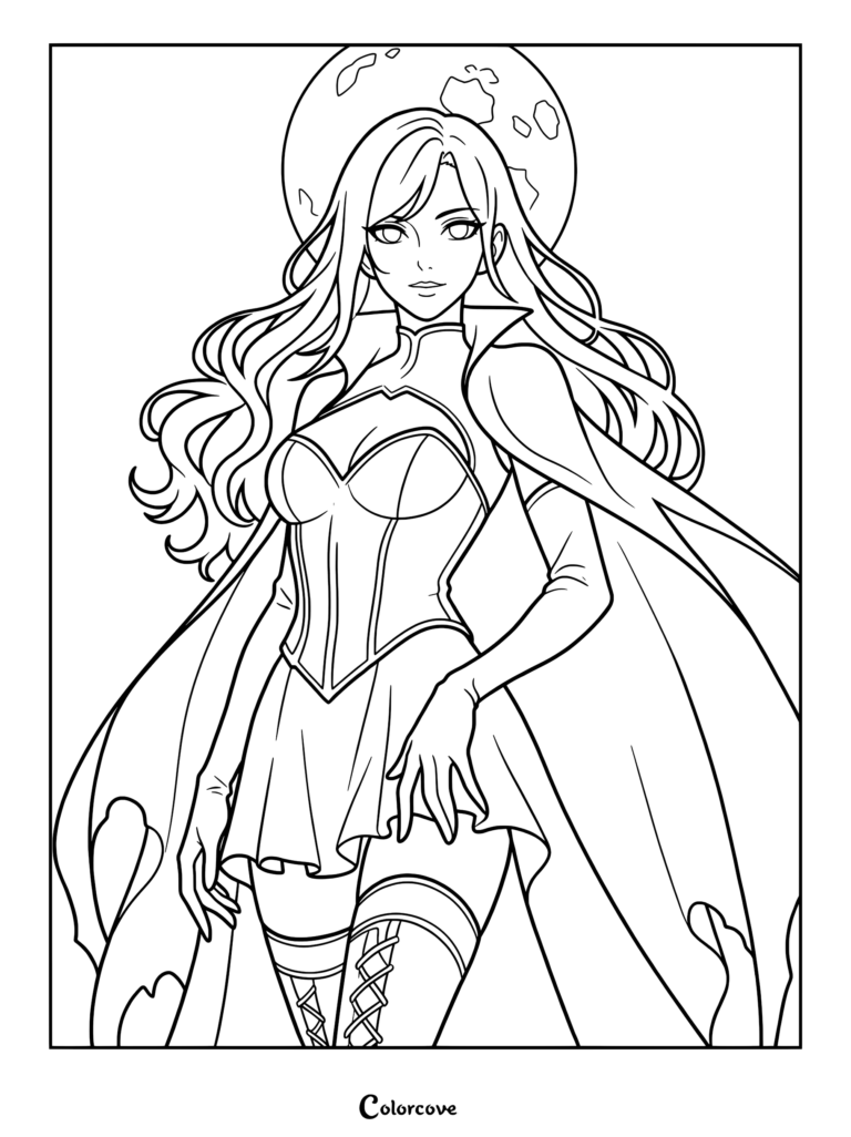 Anime vampire girl with long flowing hair and a cape standing in front of a full moon coloring page.