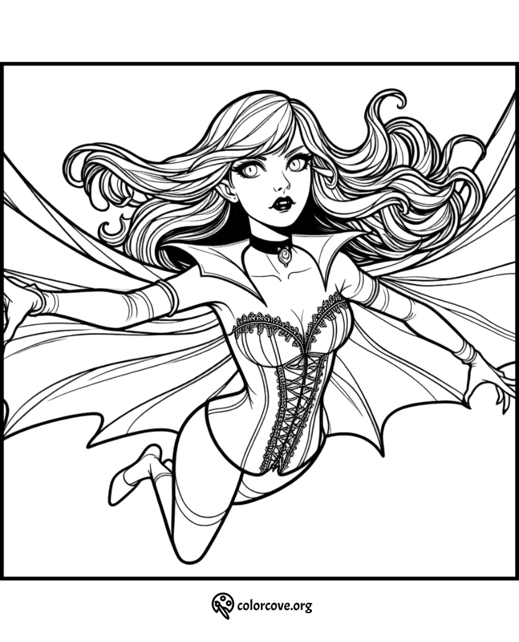 Coloring page of a female superhero with flowing hair and bat-like wings in mid-flight from colorcove.org.