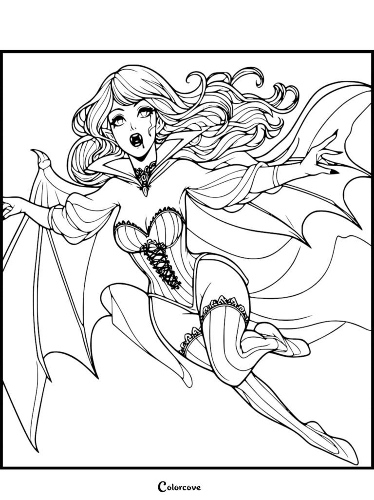 A printable vampire coloring page featuring a winged female vampire with long flowing hair and a corset, flying with arms outstretched.