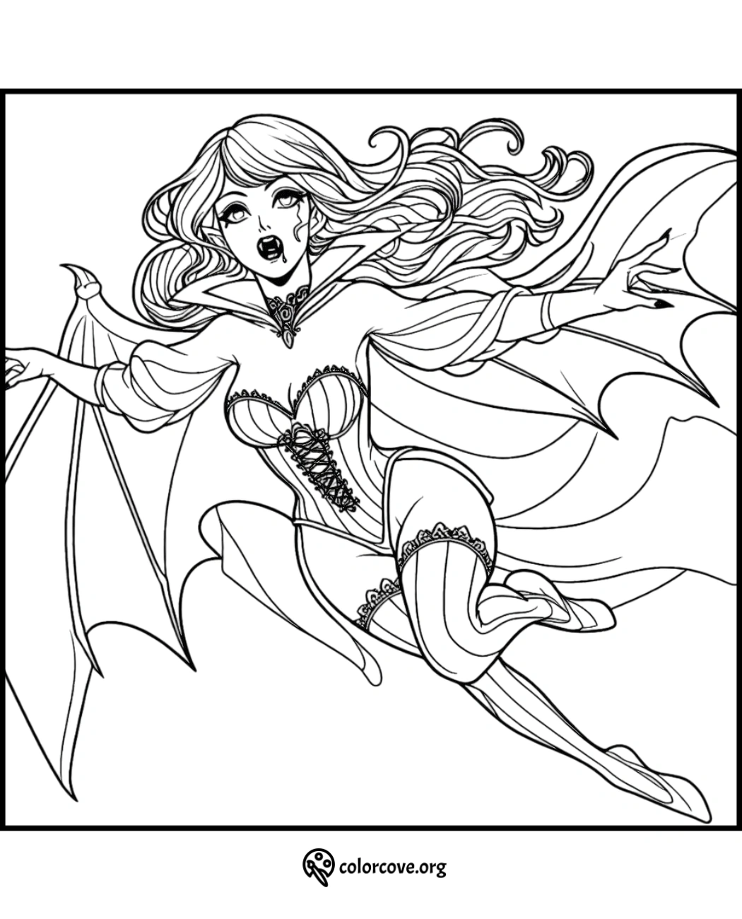 Coloring page of a female vampire with flowing hair and bat wings, mid-flight, in an intricate costume.