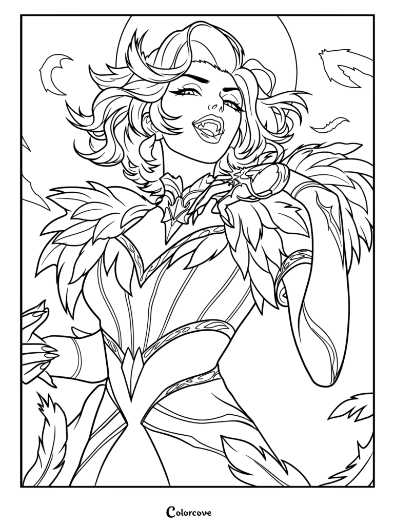 A detailed vampire queen coloring page featuring a woman with fangs, wavy hair, and a feathered collar surrounded by floating feathers.