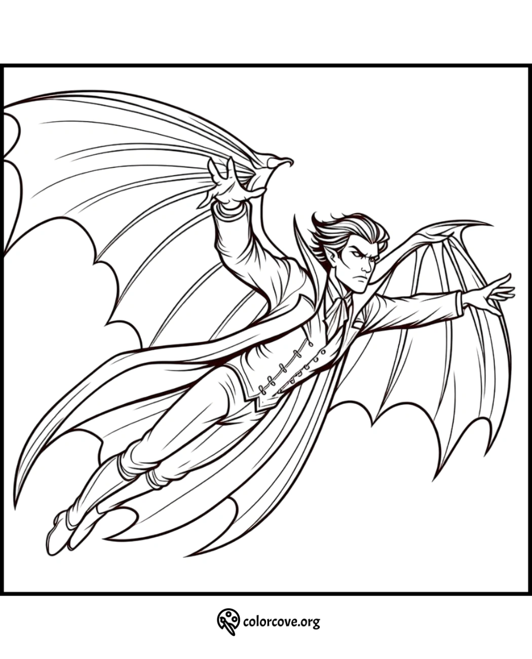 Vampire bat man flying coloring page – perfect for kids and adults who love mythical creatures and Halloween themes!