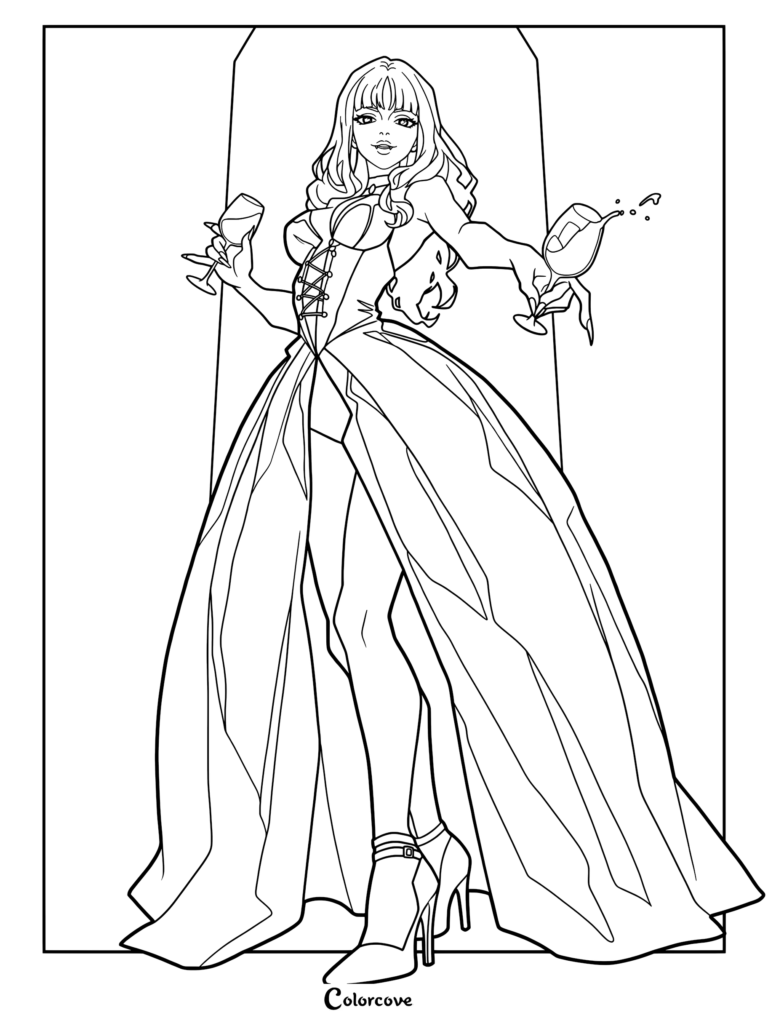 A beautiful vampire queen in a corset gown holding two wine glasses in this printable coloring page.