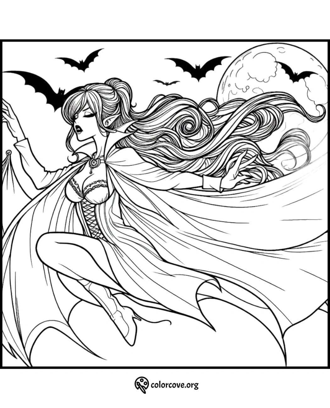 Vampire woman with flowing hair, cape, and bats in moonlit sky. Coloring page for kids and adults. ColorCove.org