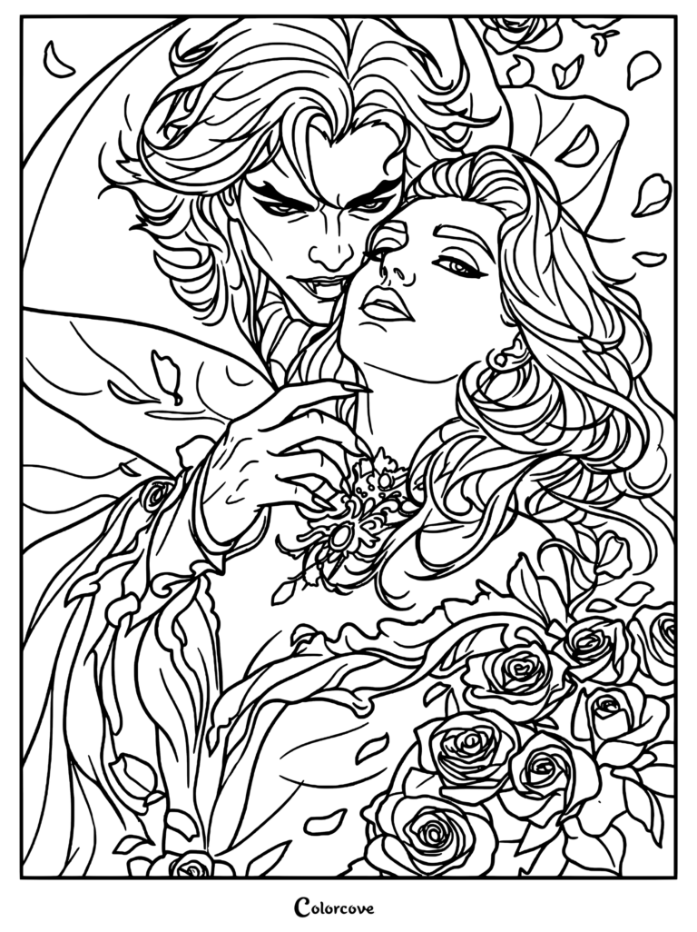A romantic vampire coloring page featuring a male vampire leaning over a woman with long hair surrounded by falling rose petals.