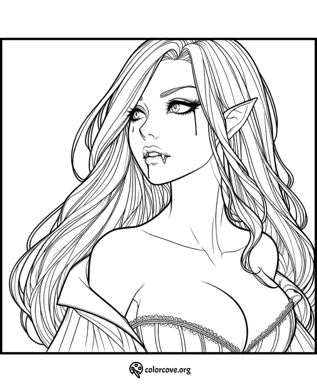 Fantasy vampire coloring page featuring a female character with flowing hair, pointy ears, and fangs. Printable coloring sheet.