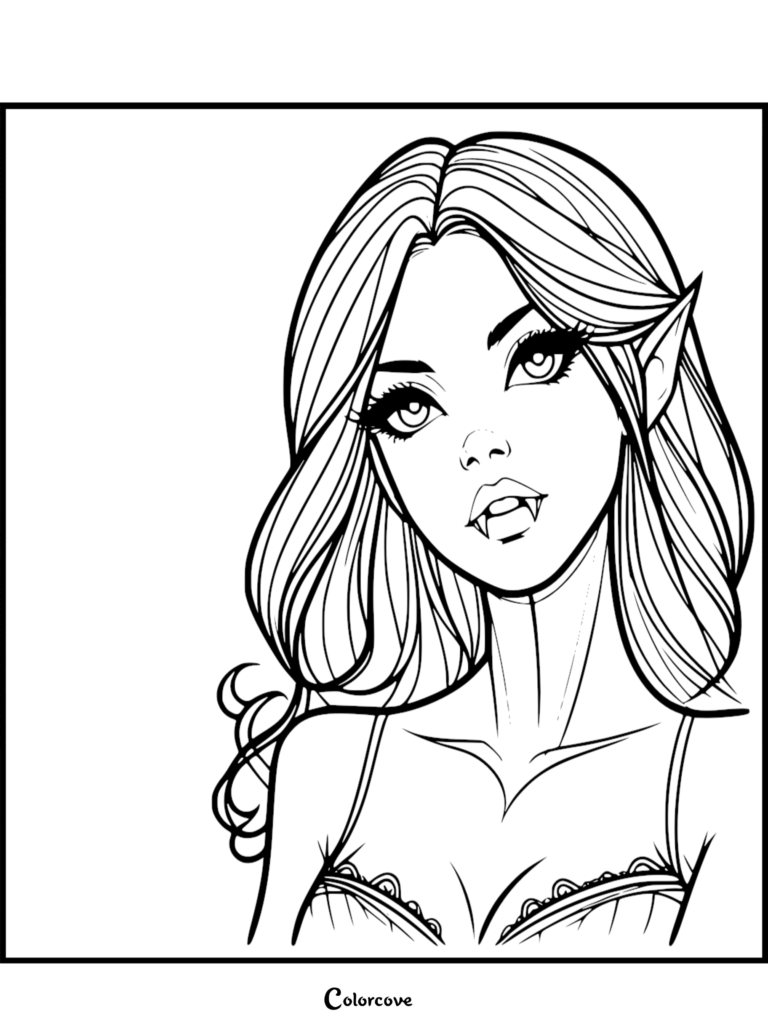 A printable vampire coloring page featuring a close-up portrait of a female vampire with pointed ears and sharp fangs.