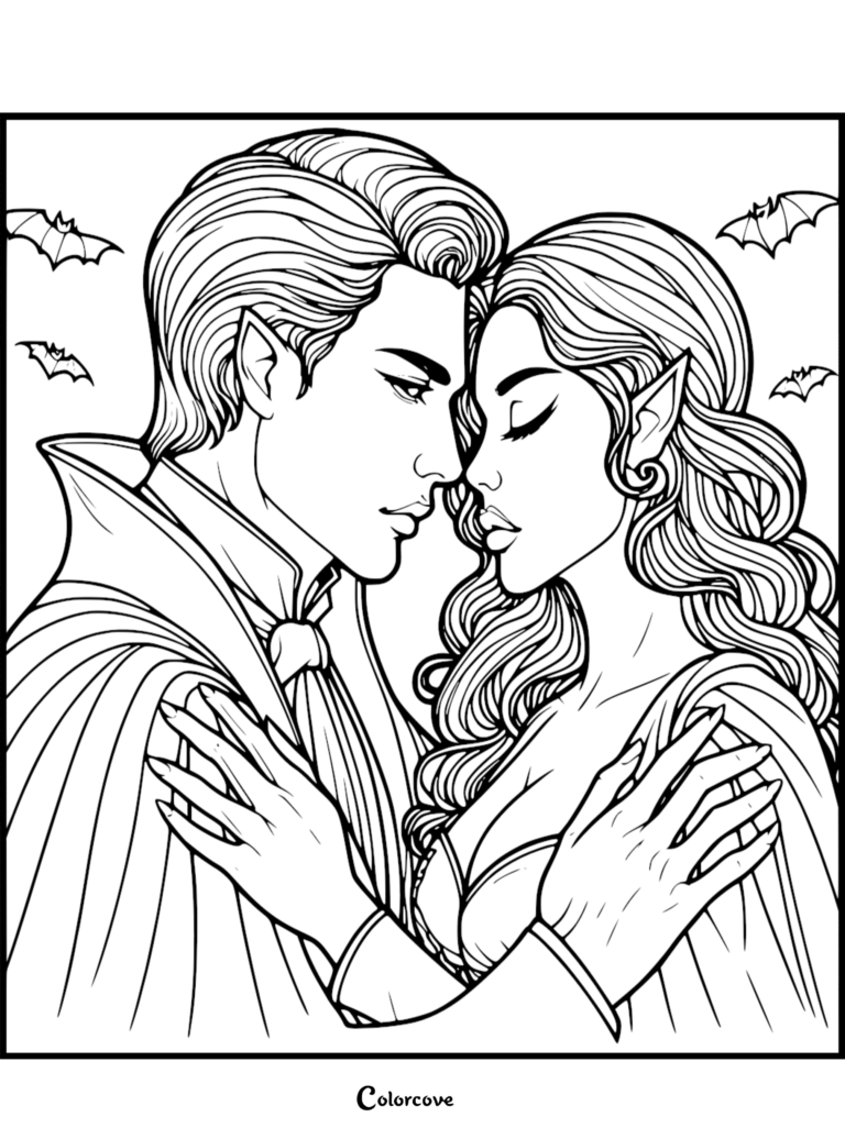 A romantic vampire couple embracing in a coloring page with bats in the background.