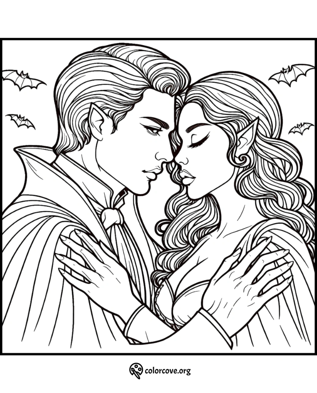 Romantic vampire and elf couple coloring page with bats in the background, ideal for Halloween-themed coloring activities.