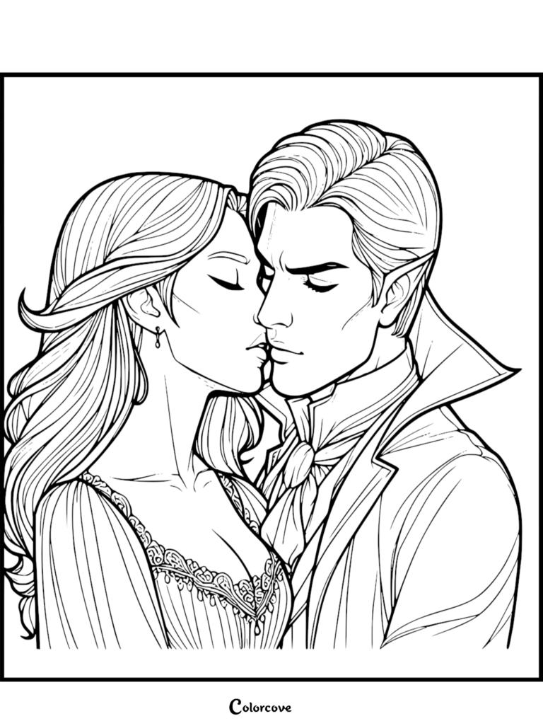 A romantic vampire couple sharing an intimate moment in this printable coloring page featuring a man in a high-collared coat and a woman in a lace-trimmed dress.