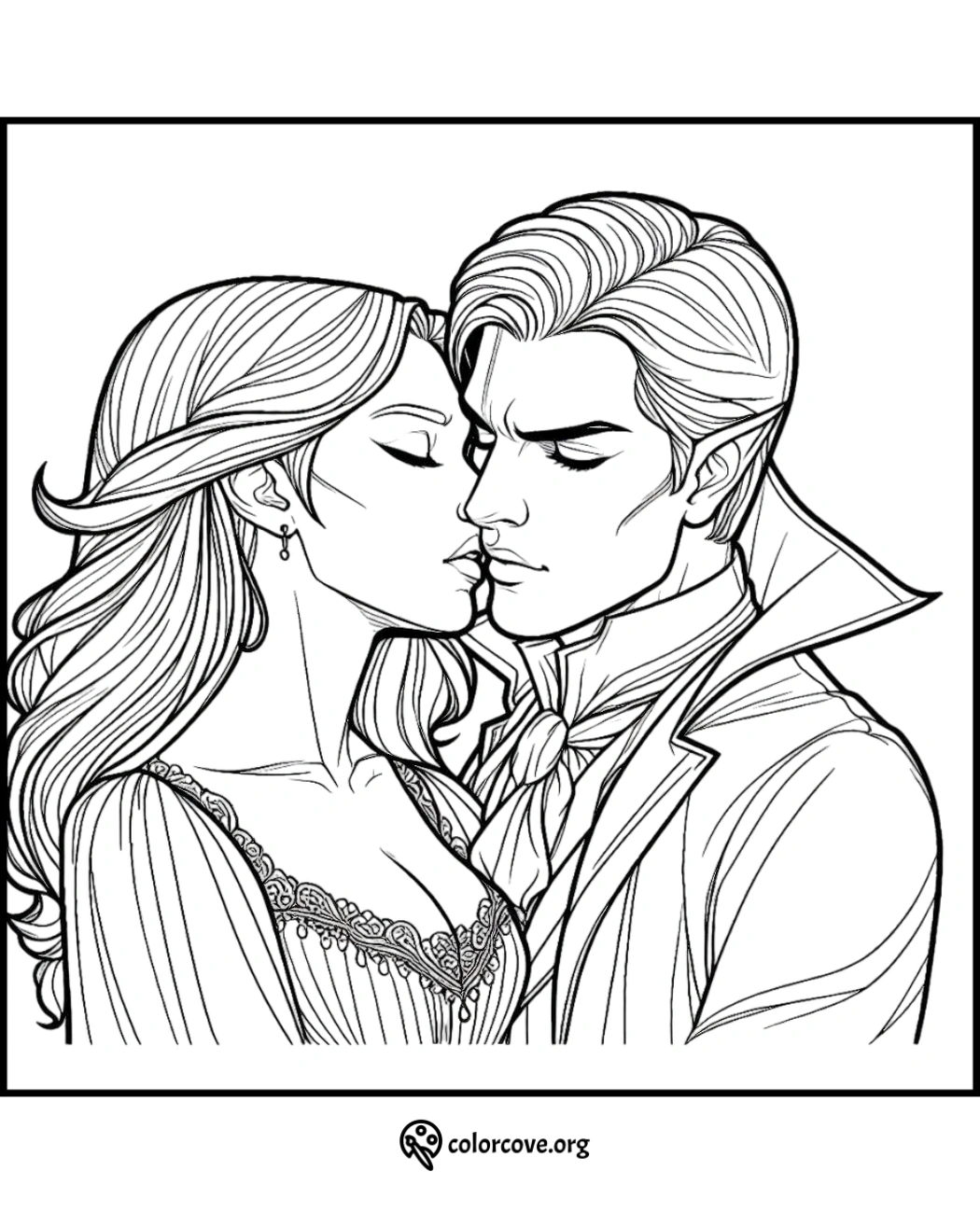 Romantic vampire couple coloring page, fantasy lovers embracing in intricate attire, printable for adults from colorcove.org.