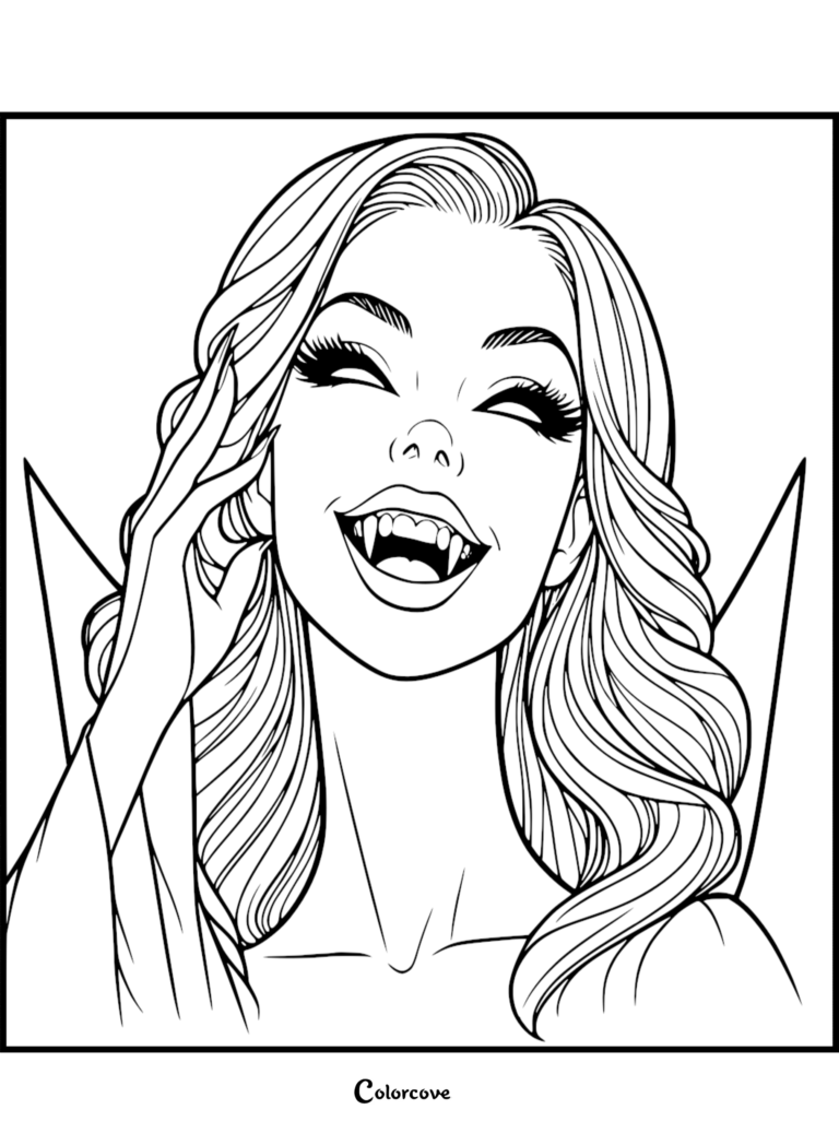 A detailed coloring page featuring a smiling female vampire with long wavy hair and a high-collared cape.
