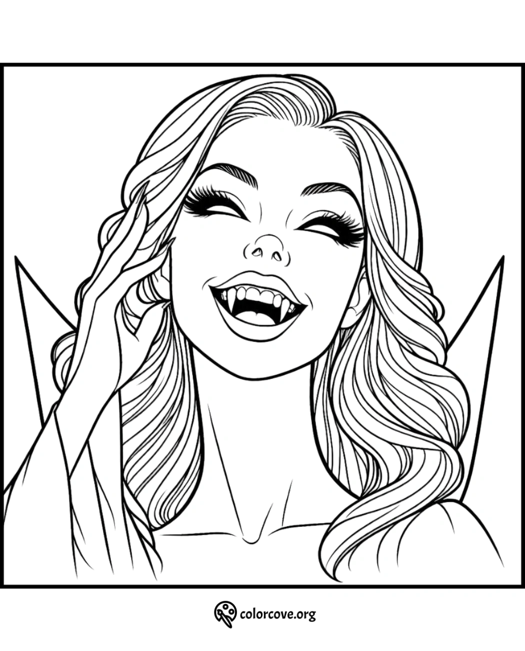 Free vampire girl coloring page with long hair and fangs. Perfect for Halloween fun. Printable at colorcove.org.