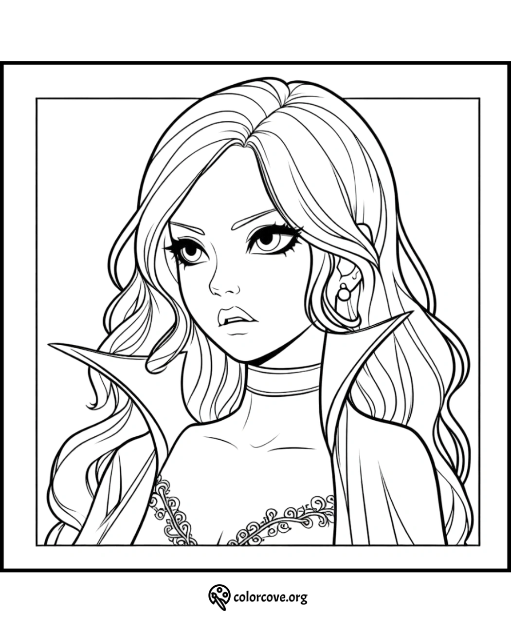 Fantasy princess coloring page with intricate details, suitable for kids and adults. Download and print from colorcove.org.