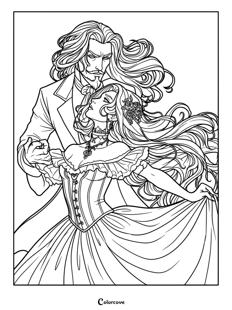 Dracula in a formal suit dancing with Mina in a Victorian gown, intricate line art coloring page.