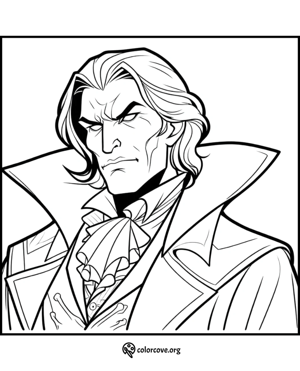 Coloring page of a stern-looking man in Victorian clothes, with a high-collared coat and ascot, by colorcove.org.