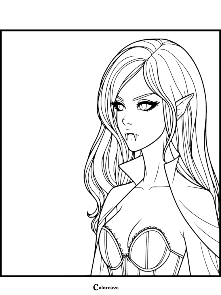 A detailed vampire coloring page featuring a beautiful female vampire with long flowing hair, pointed ears, and sharp fangs wearing a corset and high-collared cape.