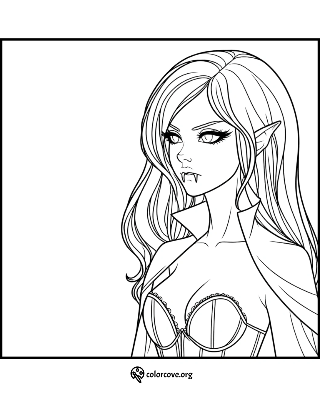 Vampire girl coloring page featuring a detailed line art of a fanged female vampire with long hair and a cape.